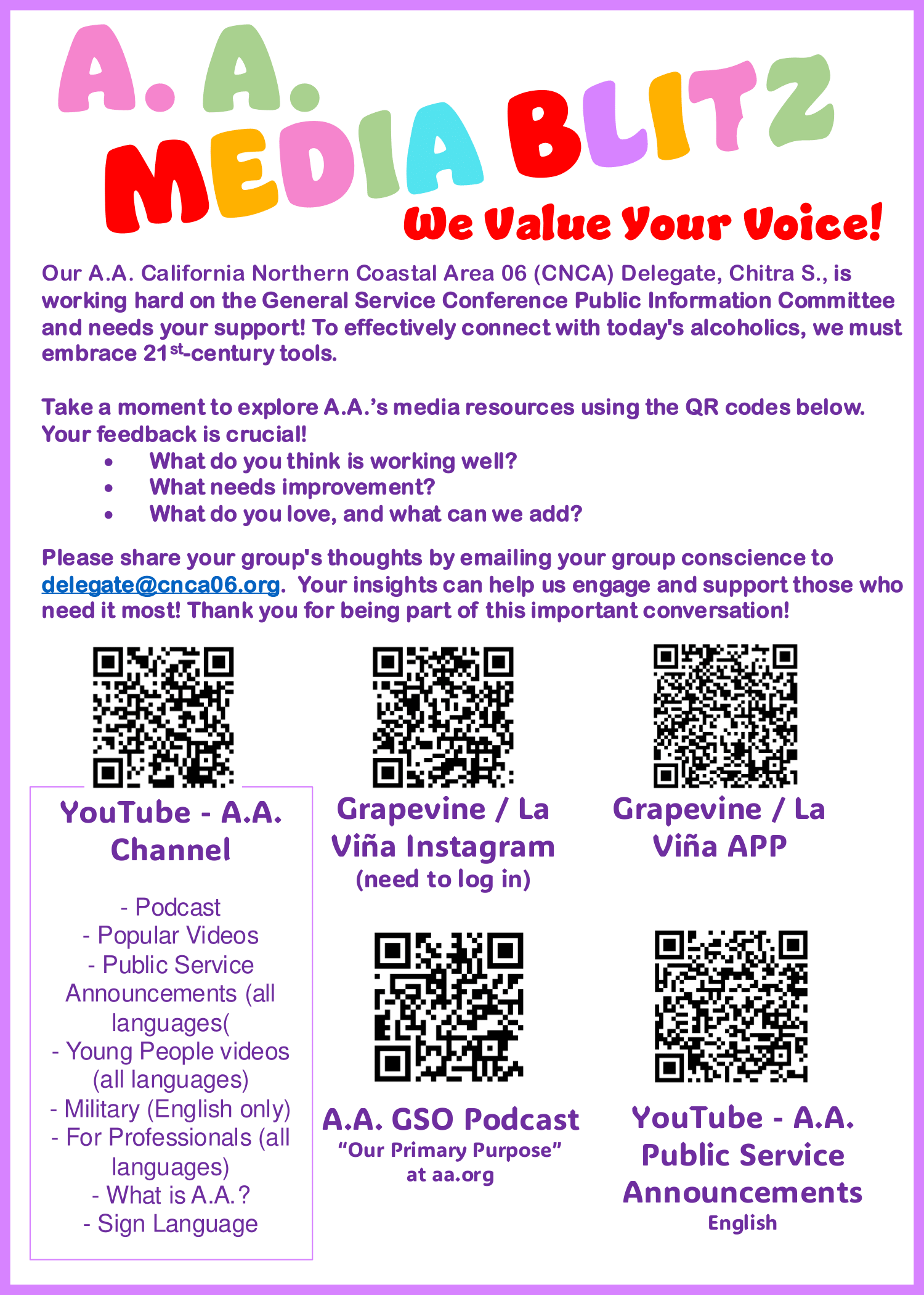 "AA Media Blitz, We Value Your Voice!" Flyer. QR Codes to visit media resources for review.