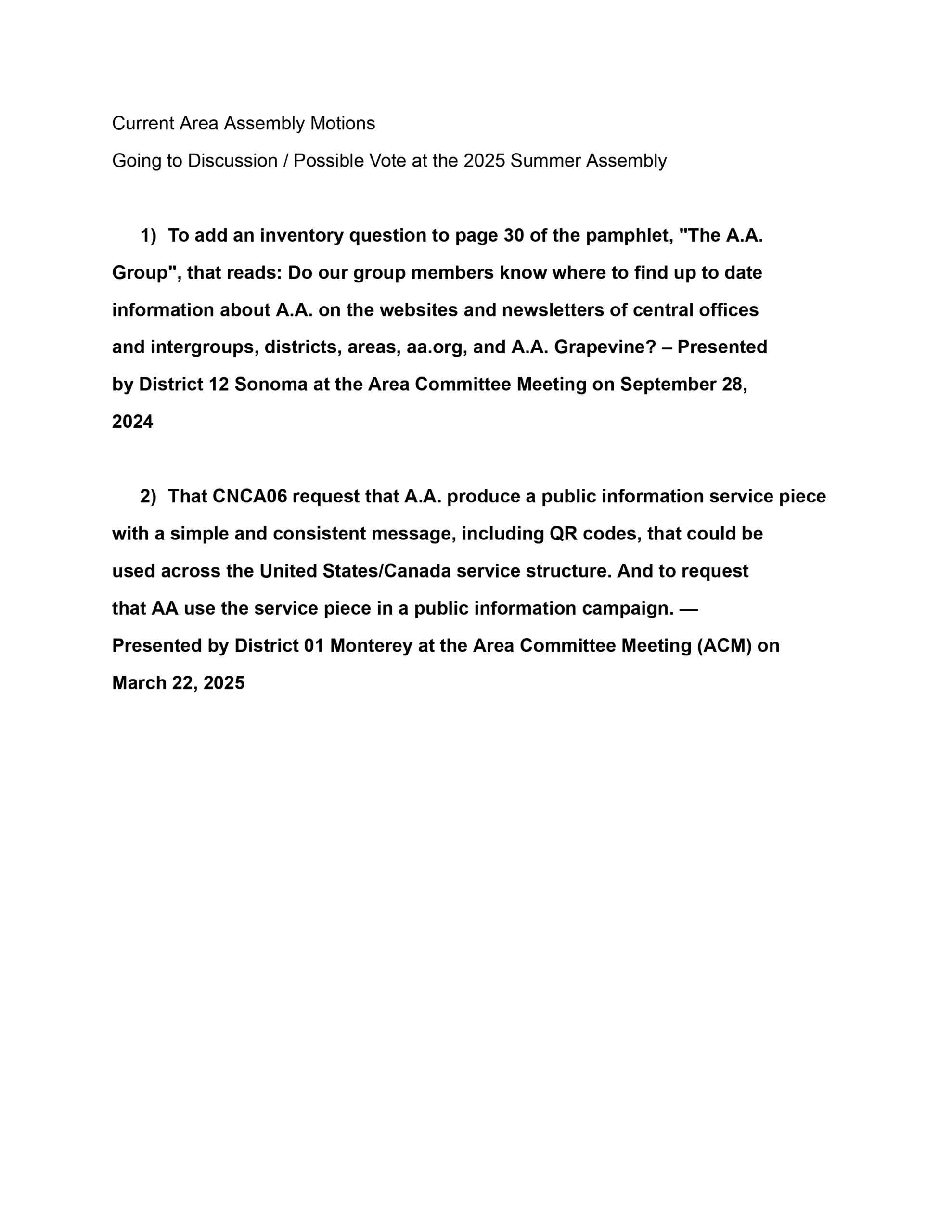 Summer 2025 Area Motions