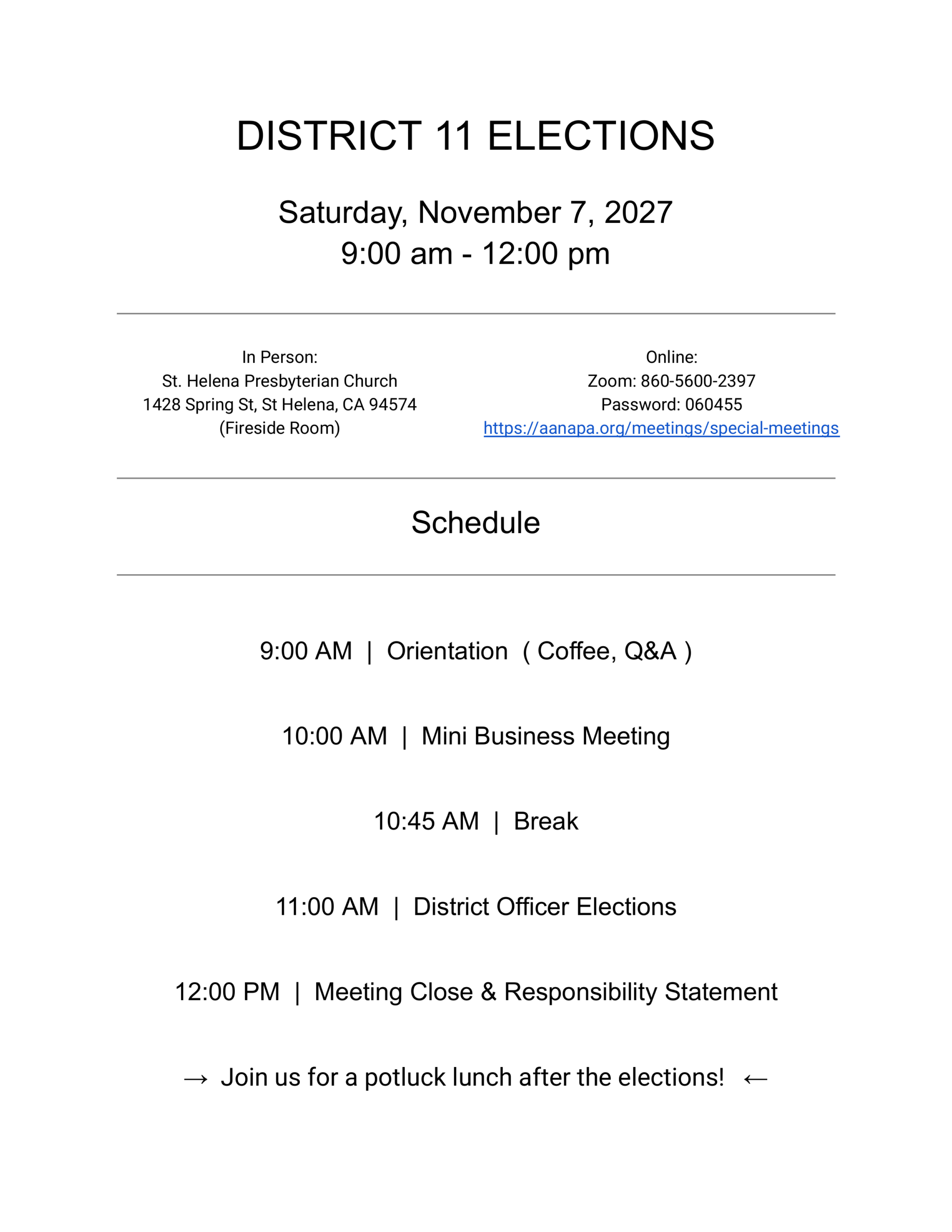 District 11 Elections – Saturday, November 7, 2027